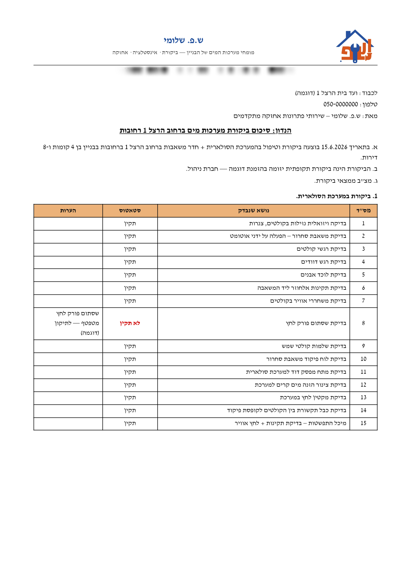 דוח ביקורת מערכות מים